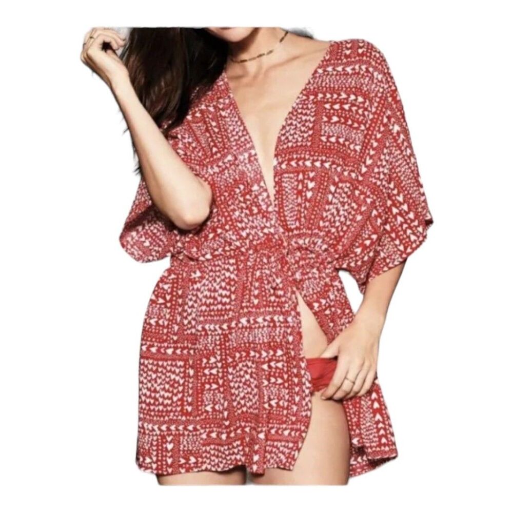 Victoria's Secret Short Kimono Robe Red White Red Hearts Valentine's Day Size OS